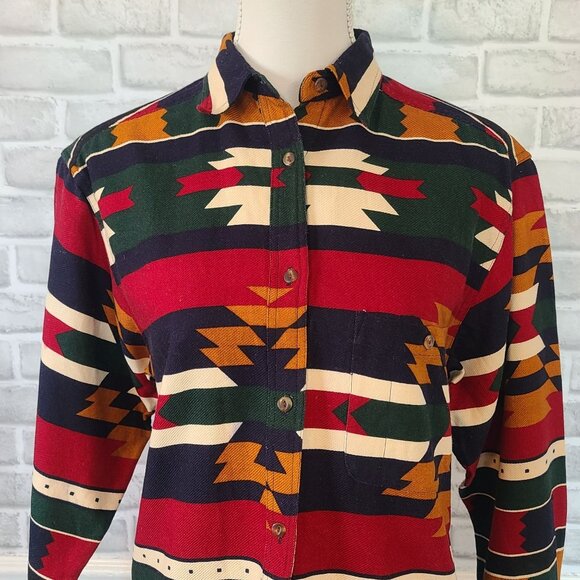 Vintage British Khaki Robert Lighton Cotton Shacket Southwest Aztec Button Up - Picture 2 of 9